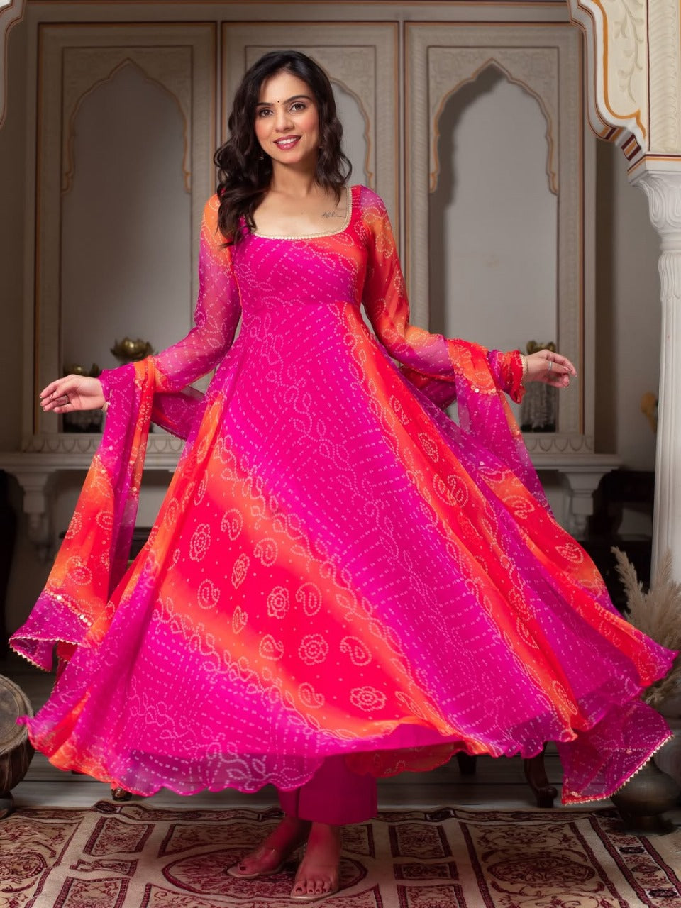 Glowing Pink & Orange Fox Georgette Bandhani Print Fancy Anarkali Suit Set