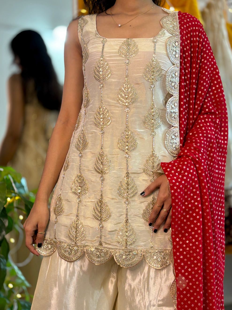 Capricious Soft Chinon Golden Thread Embroidery Work Sharara Set