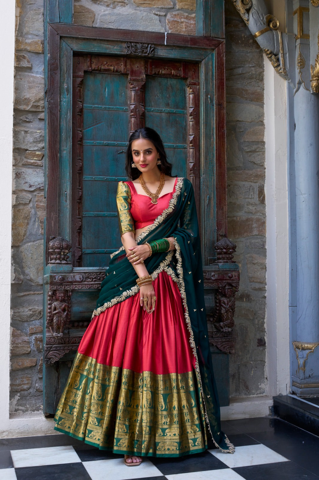 Red Narayan Pattu Zari Weaving Work Lehenga Choli