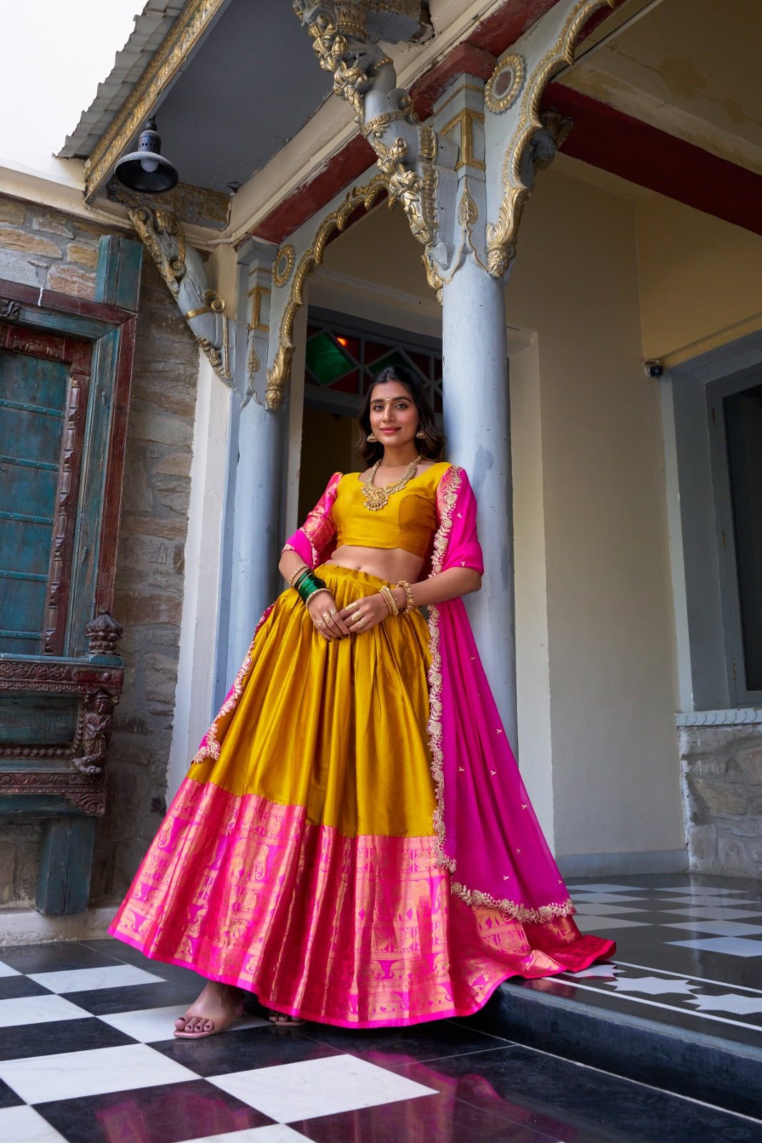 Yellow Narayan Pattu Zari Weaving Work Lehenga Choli