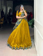 Mustard Vichitra Silk Sequins Thread Embroidery Work With Kalamkari Printed Lehenga Choli