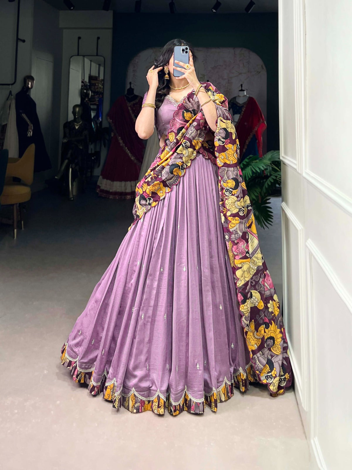 Lavender Vichitra Silk Sequins Thread Embroidery Work With Kalamkari Printed Lehenga Choli