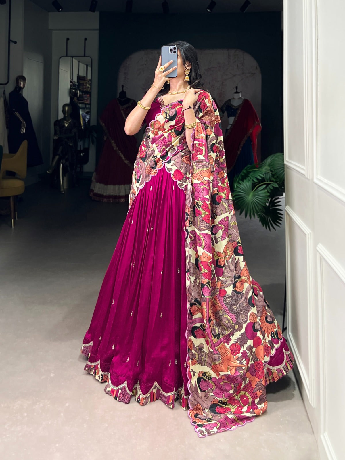 Pink Vichitra Silk Sequins Thread Embroidery Work With Kalamkari Printed Lehenga Choli