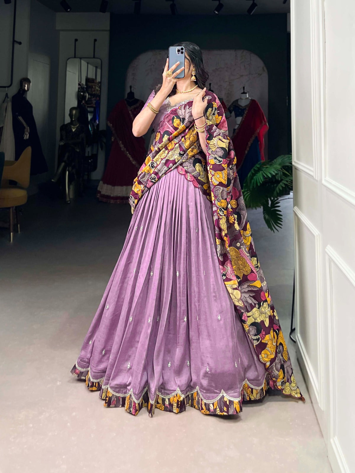 Lavender Vichitra Silk Sequins Thread Embroidery Work With Kalamkari Printed Lehenga Choli