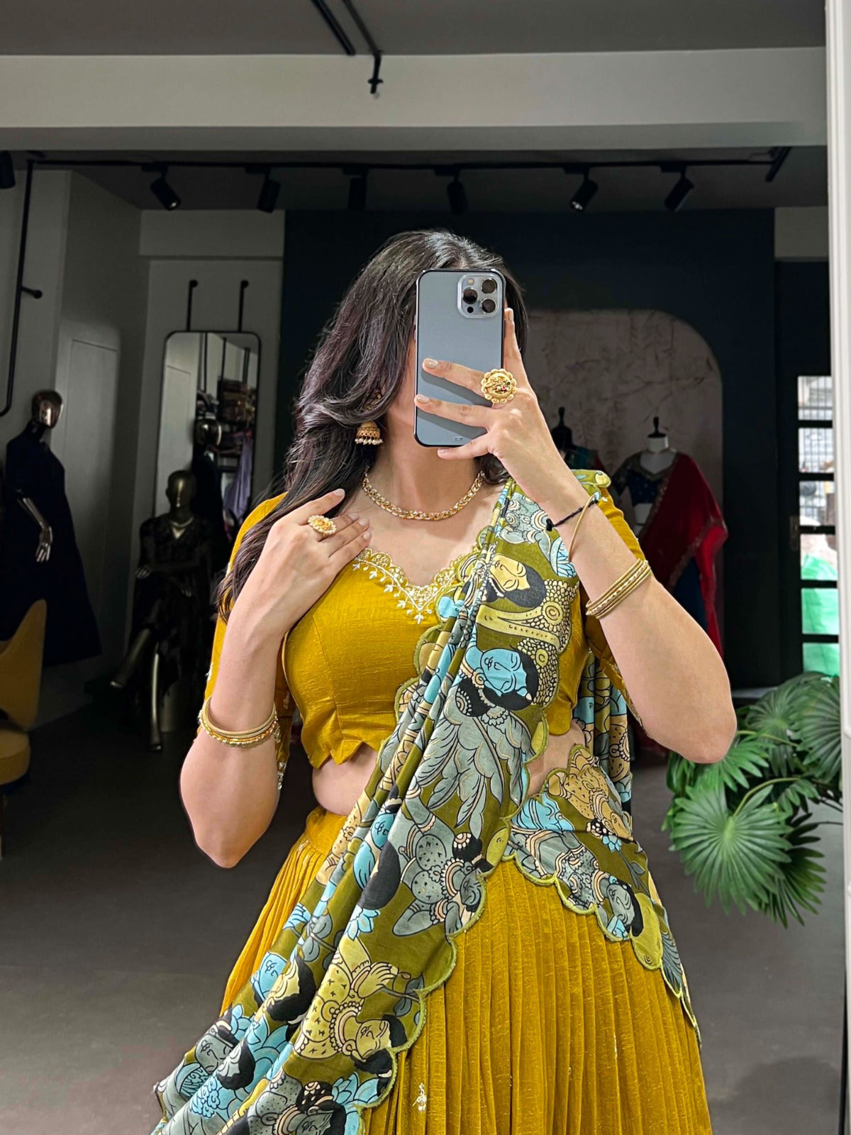 Mustard Vichitra Silk Sequins Thread Embroidery Work With Kalamkari Printed Lehenga Choli