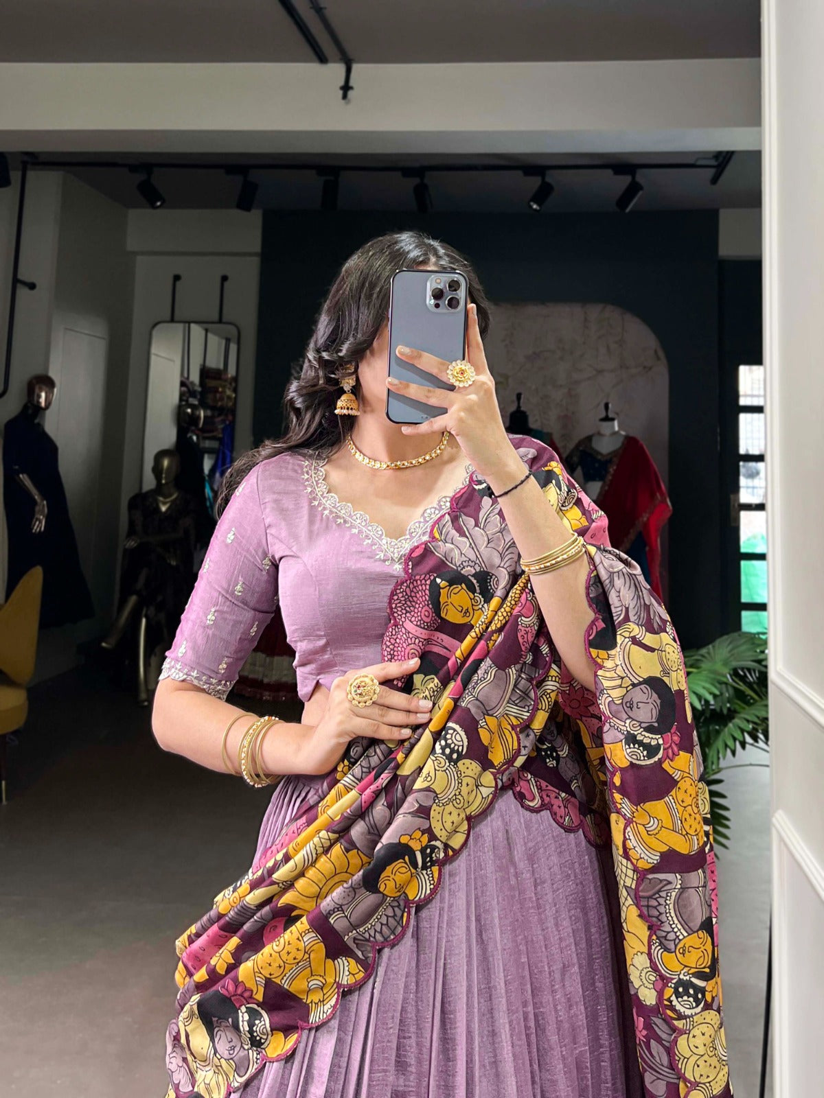 Lavender Vichitra Silk Sequins Thread Embroidery Work With Kalamkari Printed Lehenga Choli