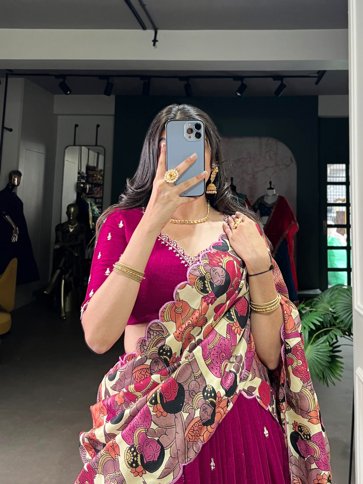 Pink Vichitra Silk Sequins Thread Embroidery Work With Kalamkari Printed Lehenga Choli