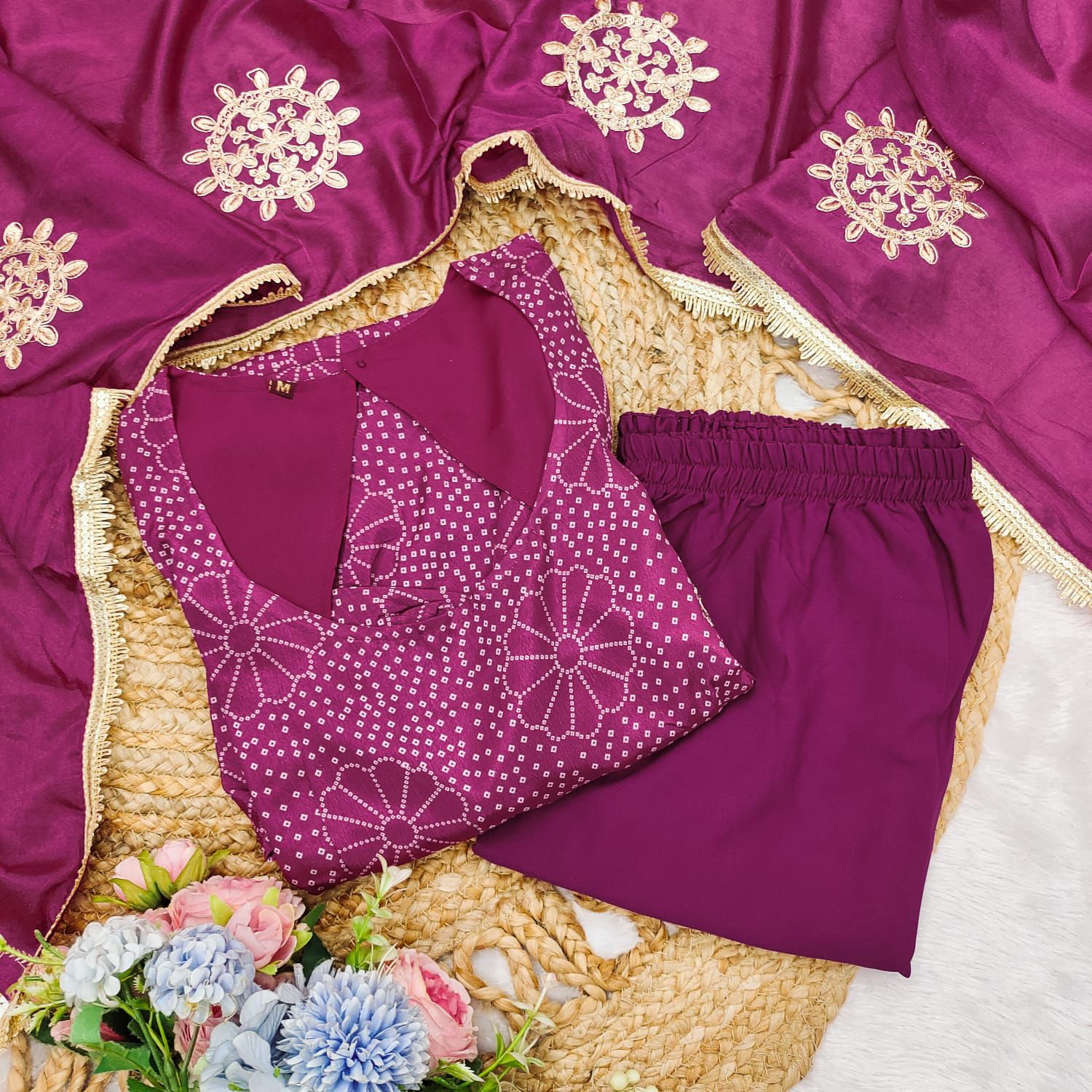 Purple Chinnon Embroidery With Bandhani Printed Anarkali Suit Set