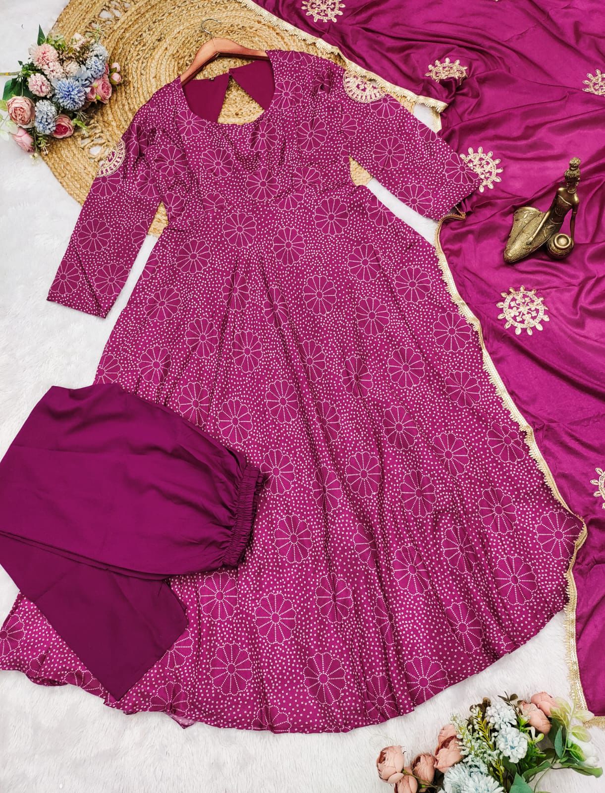 Purple Chinnon Embroidery With Bandhani Printed Anarkali Suit Set