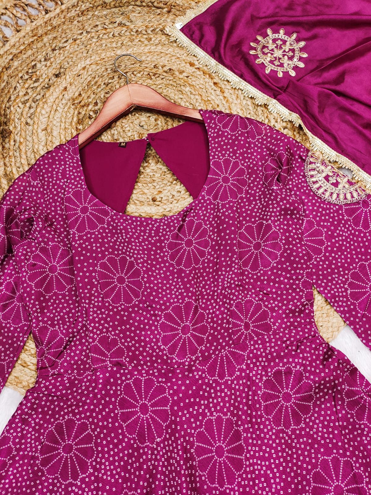 Purple Chinnon Embroidery With Bandhani Printed Anarkali Suit Set