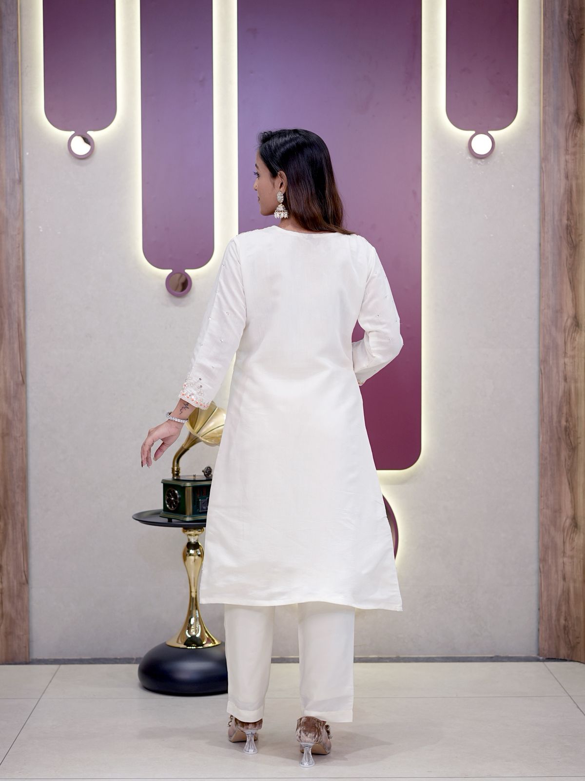 Orange Roman Silk Embroidery Coding Sequence Work Kurti Set