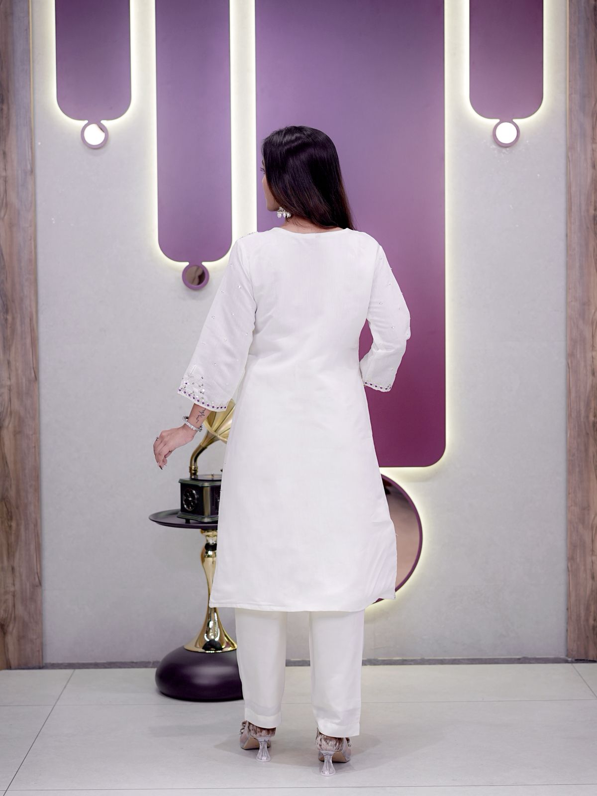 Purple Roman Silk Embroidery Coding Sequence Work Kurti Set