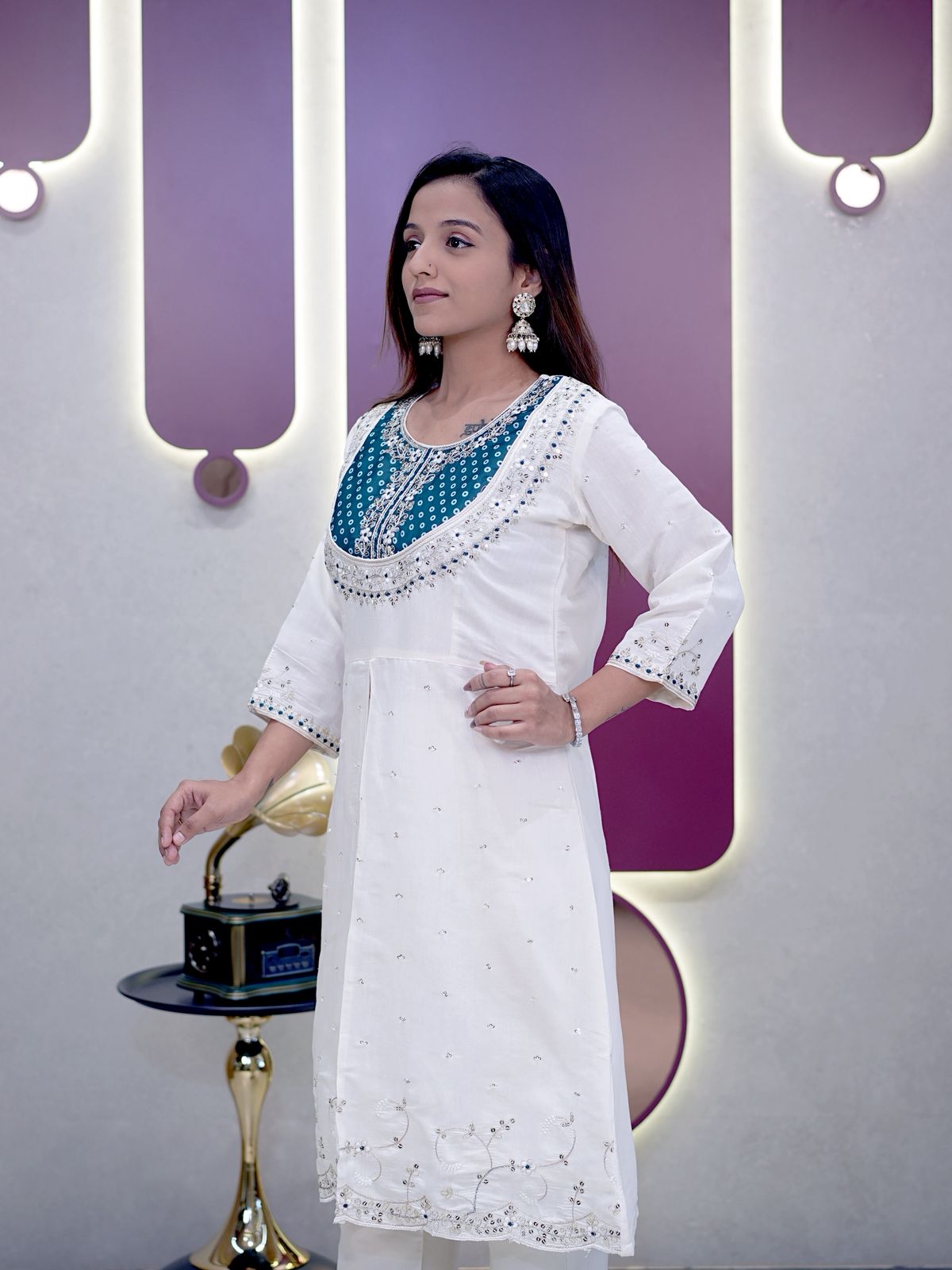 Green Roman Silk Embroidery Coding Sequence Work Kurti Set