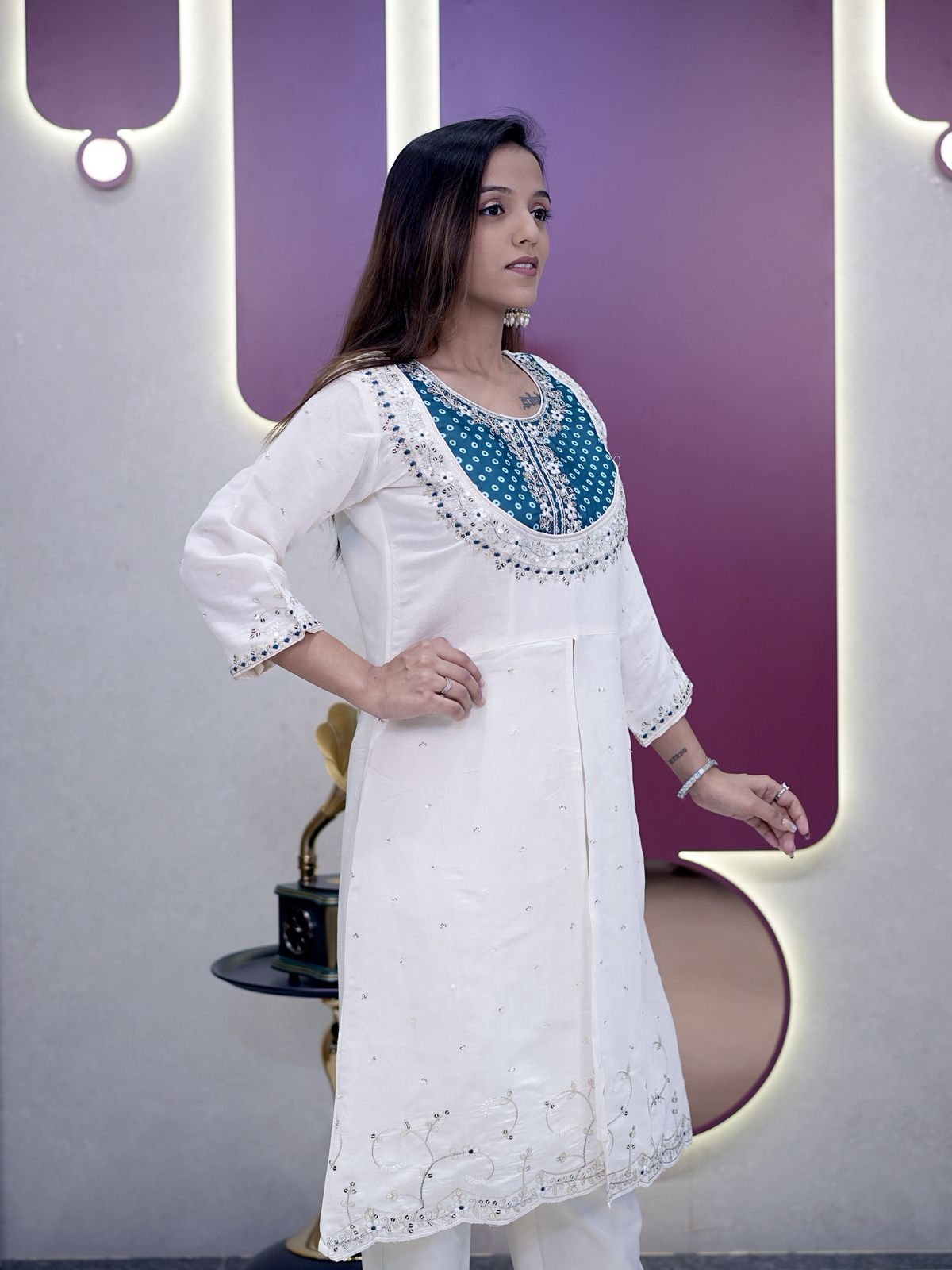 Green Roman Silk Embroidery Coding Sequence Work Kurti Set