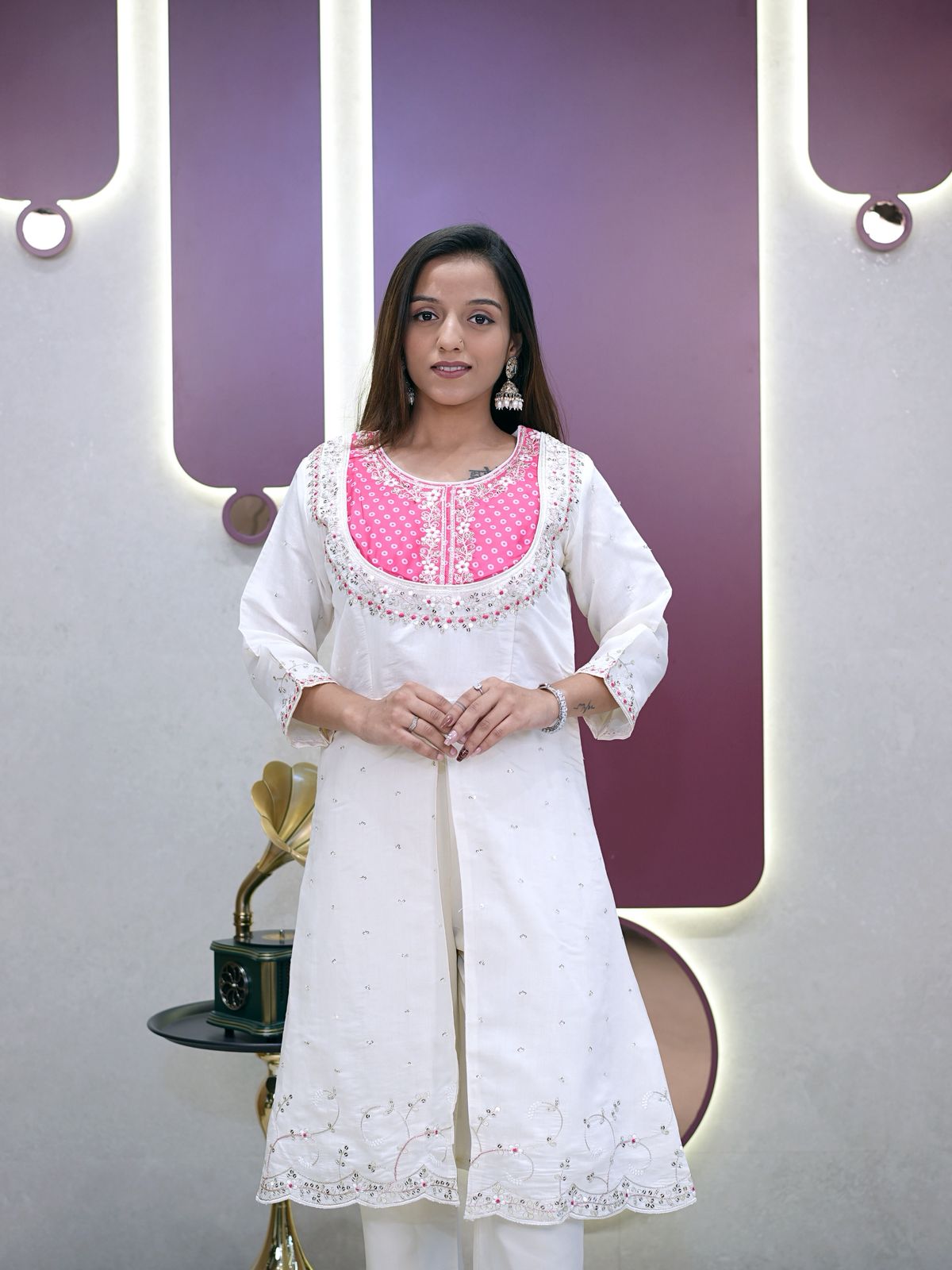 Pink Roman Silk Embroidery Coding Sequence Work Kurti Set