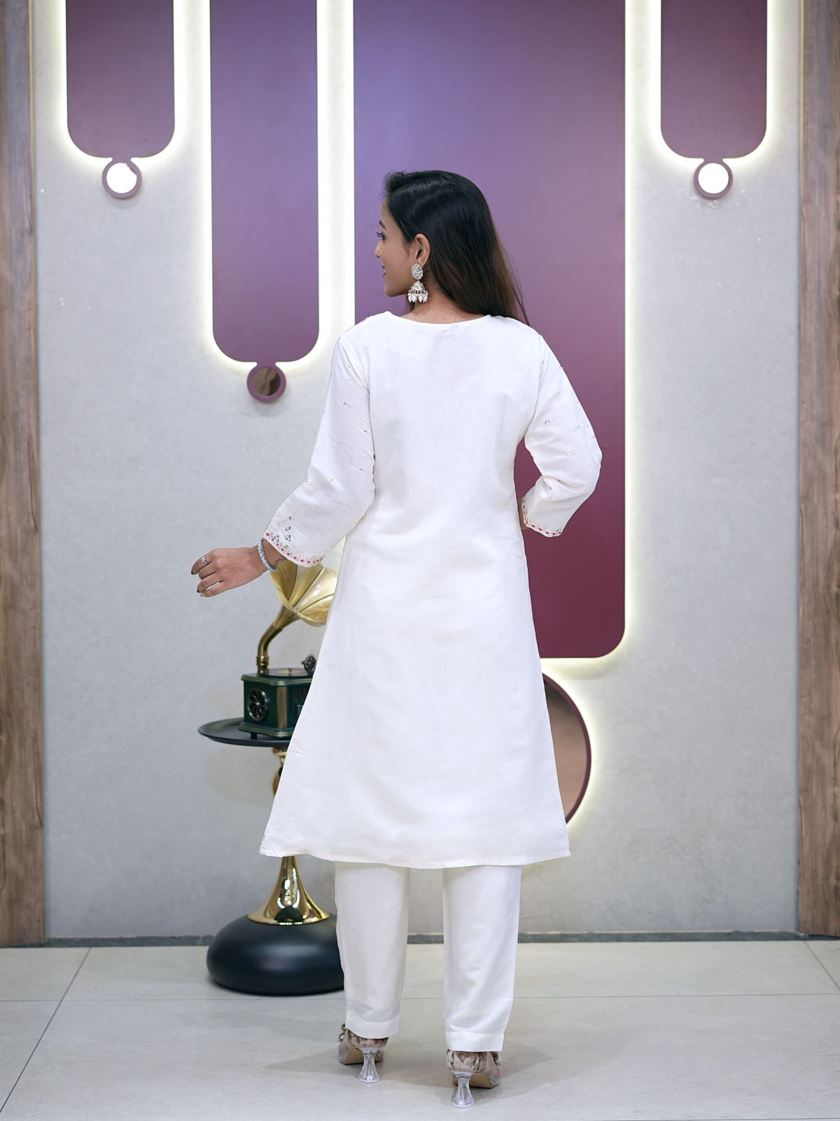 Pink Roman Silk Embroidery Coding Sequence Work Kurti Set