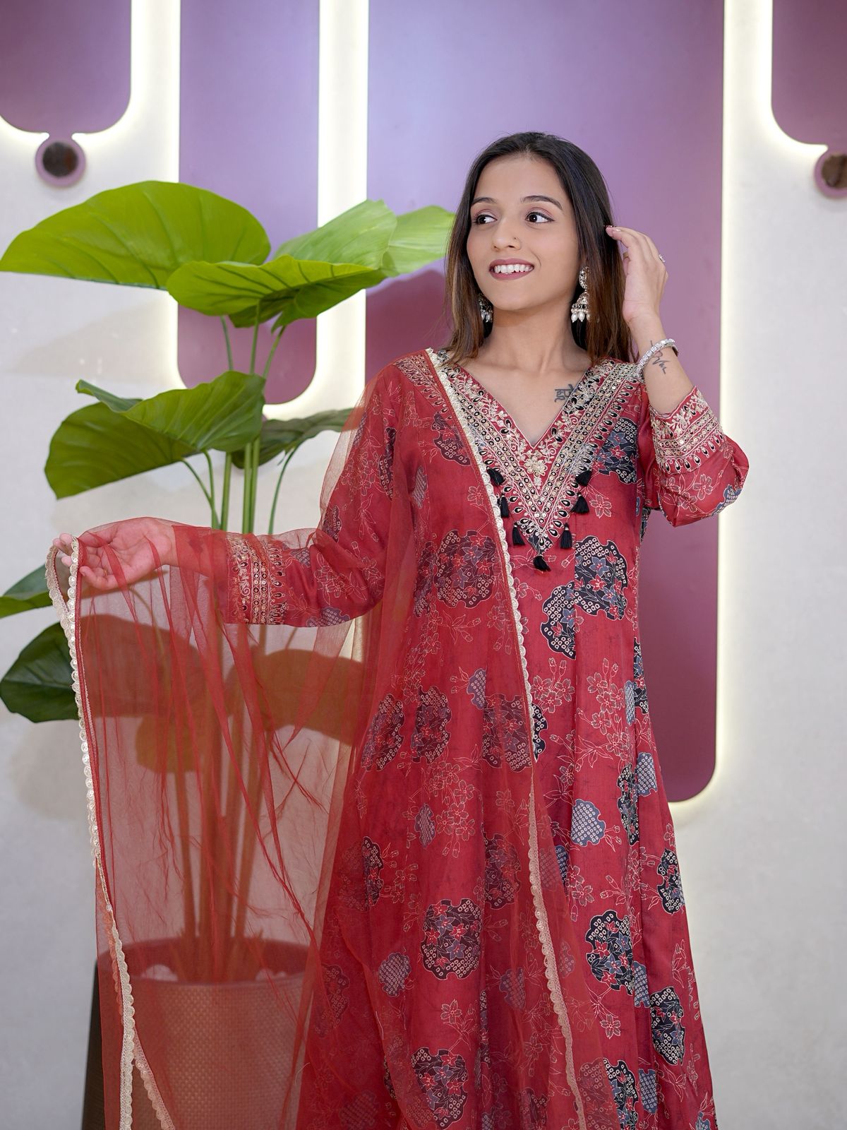 Maroon Modal Sartin Digital Print With Gota Patti Work Dupatta Suit Set