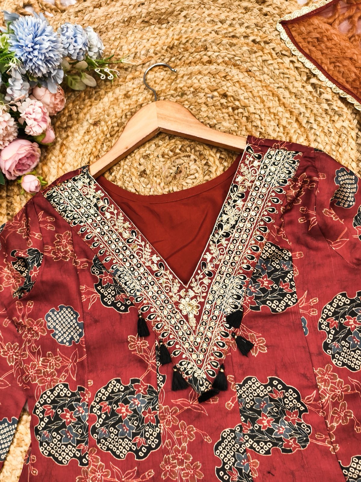Maroon Modal Sartin Digital Print With Gota Patti Work Dupatta Suit Set