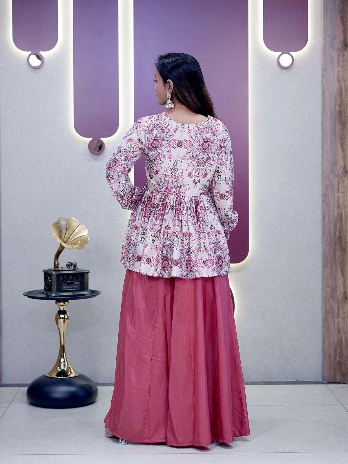 Rose White Pinkes White Modal Satin Silk Digital Print With Mirror Work Kurta Plazzo Set