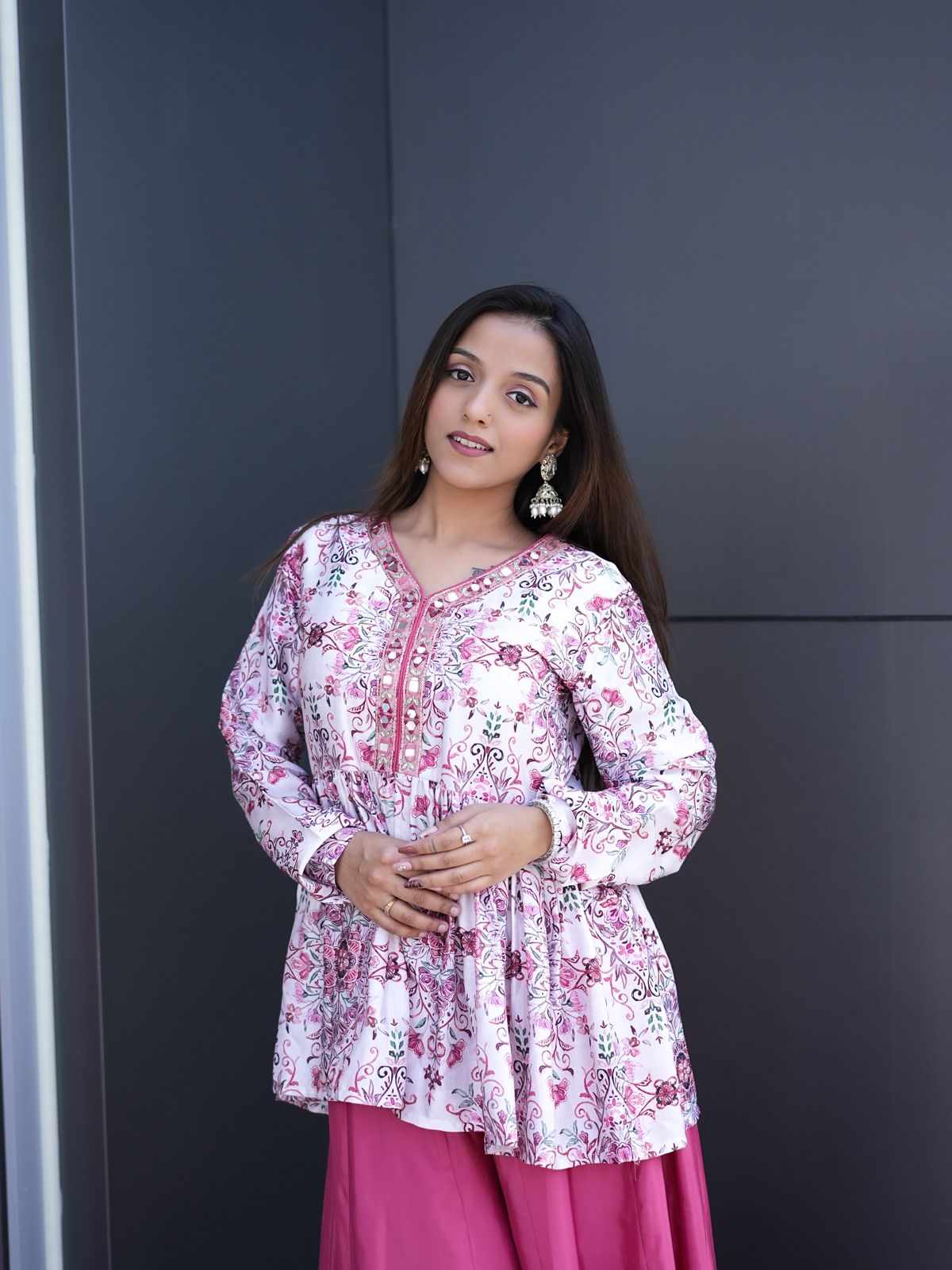 Rose White Pinkes White Modal Satin Silk Digital Print With Mirror Work Kurta Plazzo Set