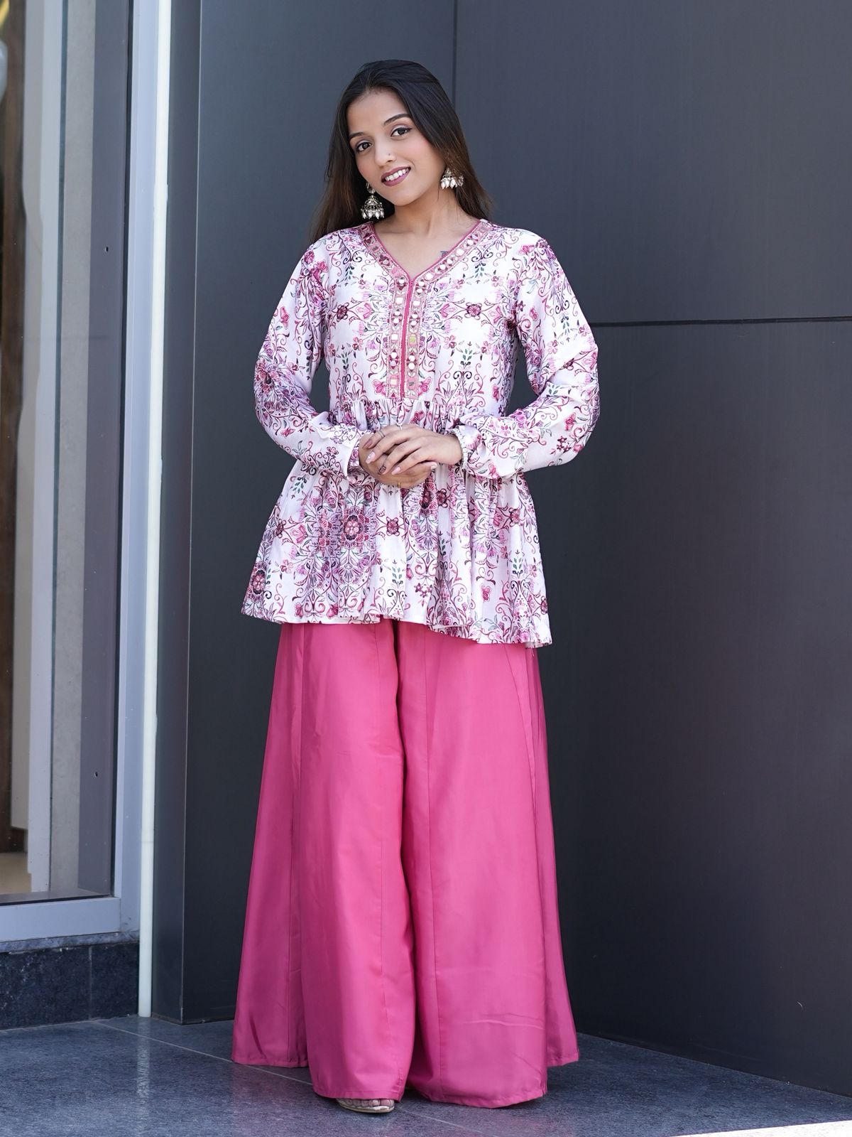 Rose White Pinkes White Modal Satin Silk Digital Print With Mirror Work Kurta Plazzo Set