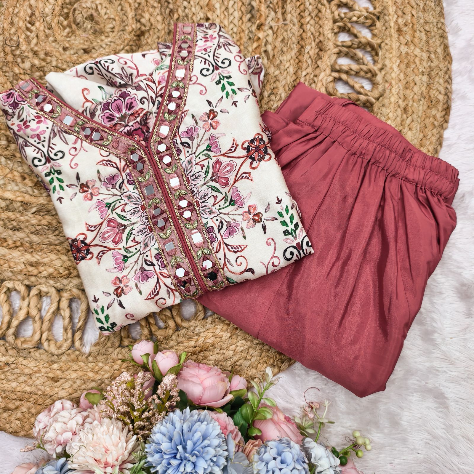 Rose White Pinkes White Modal Satin Silk Digital Print With Mirror Work Kurta Plazzo Set