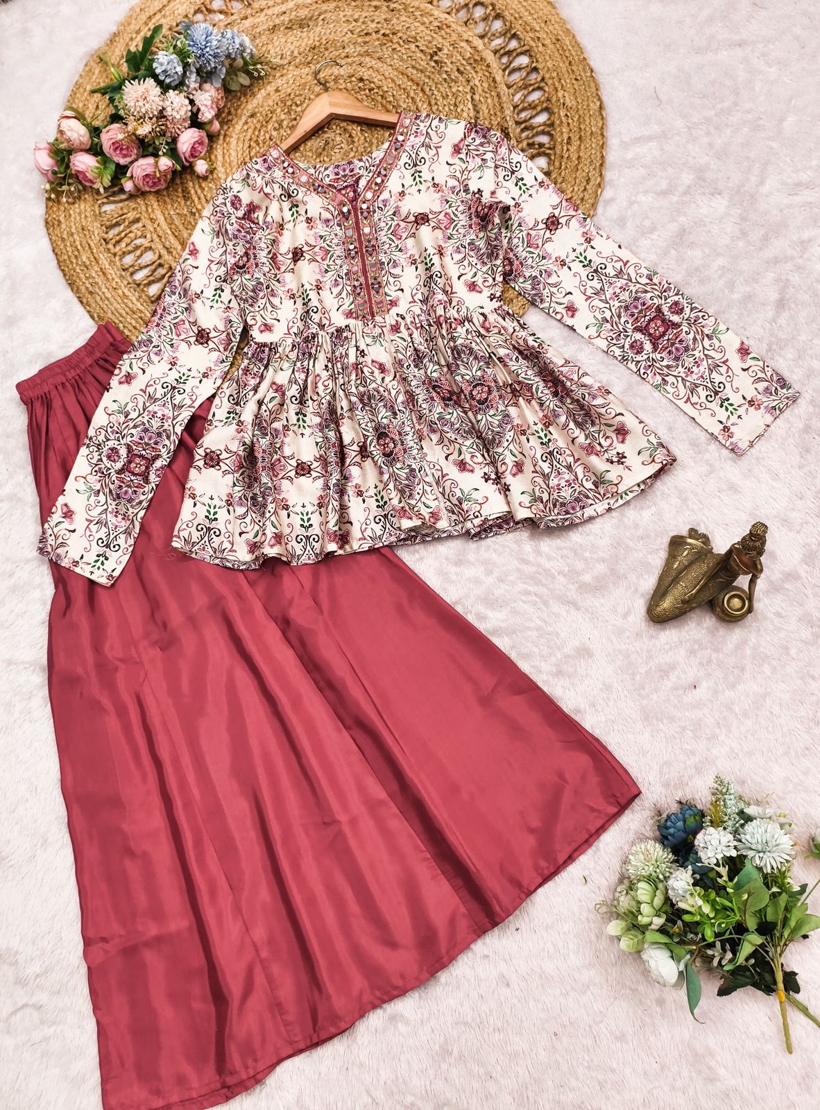 Rose White Pinkes White Modal Satin Silk Digital Print With Mirror Work Kurta Plazzo Set