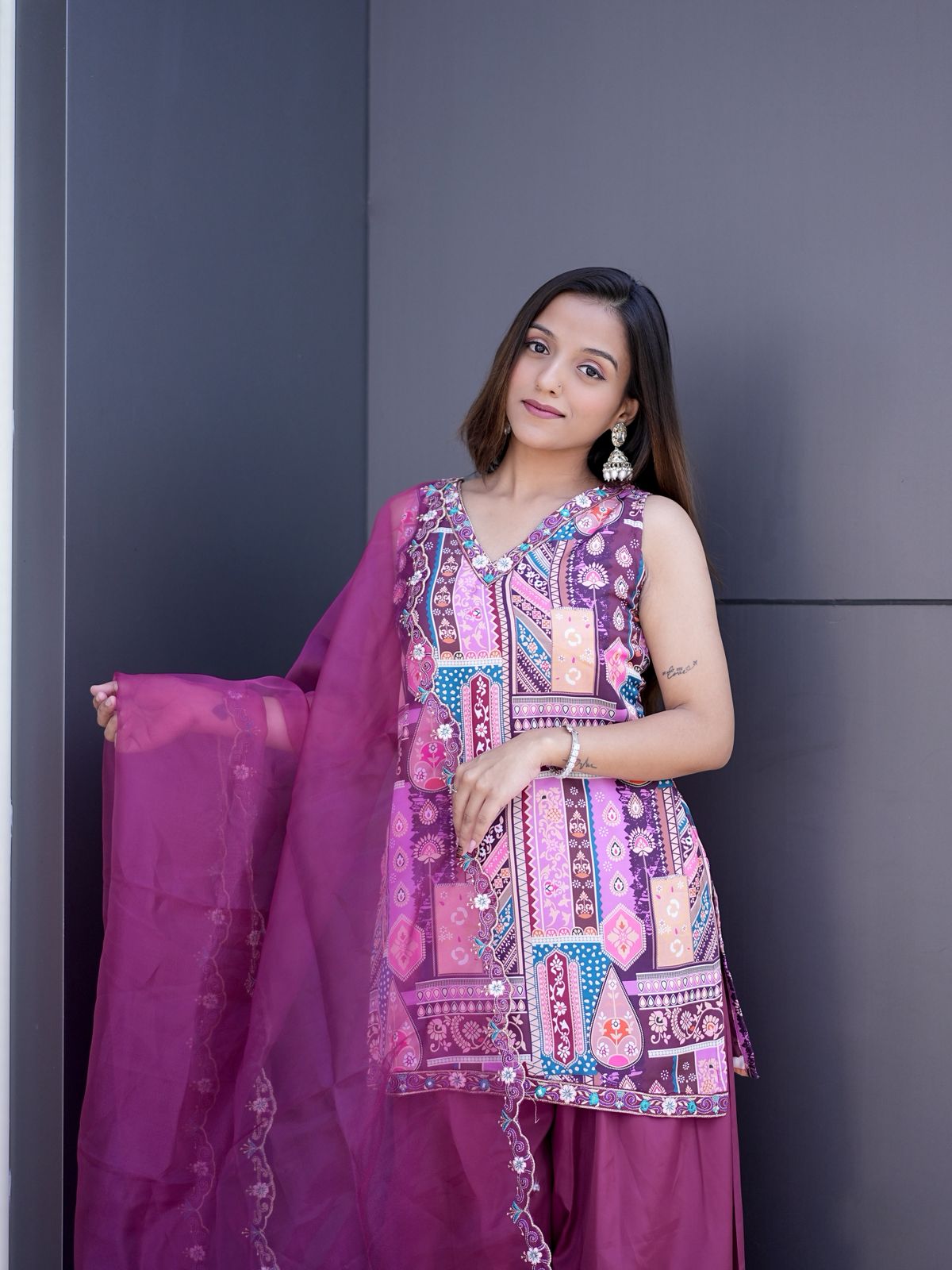 Wine Modal Satin Silk Digital Print With Border Work Dupatta Suit Set