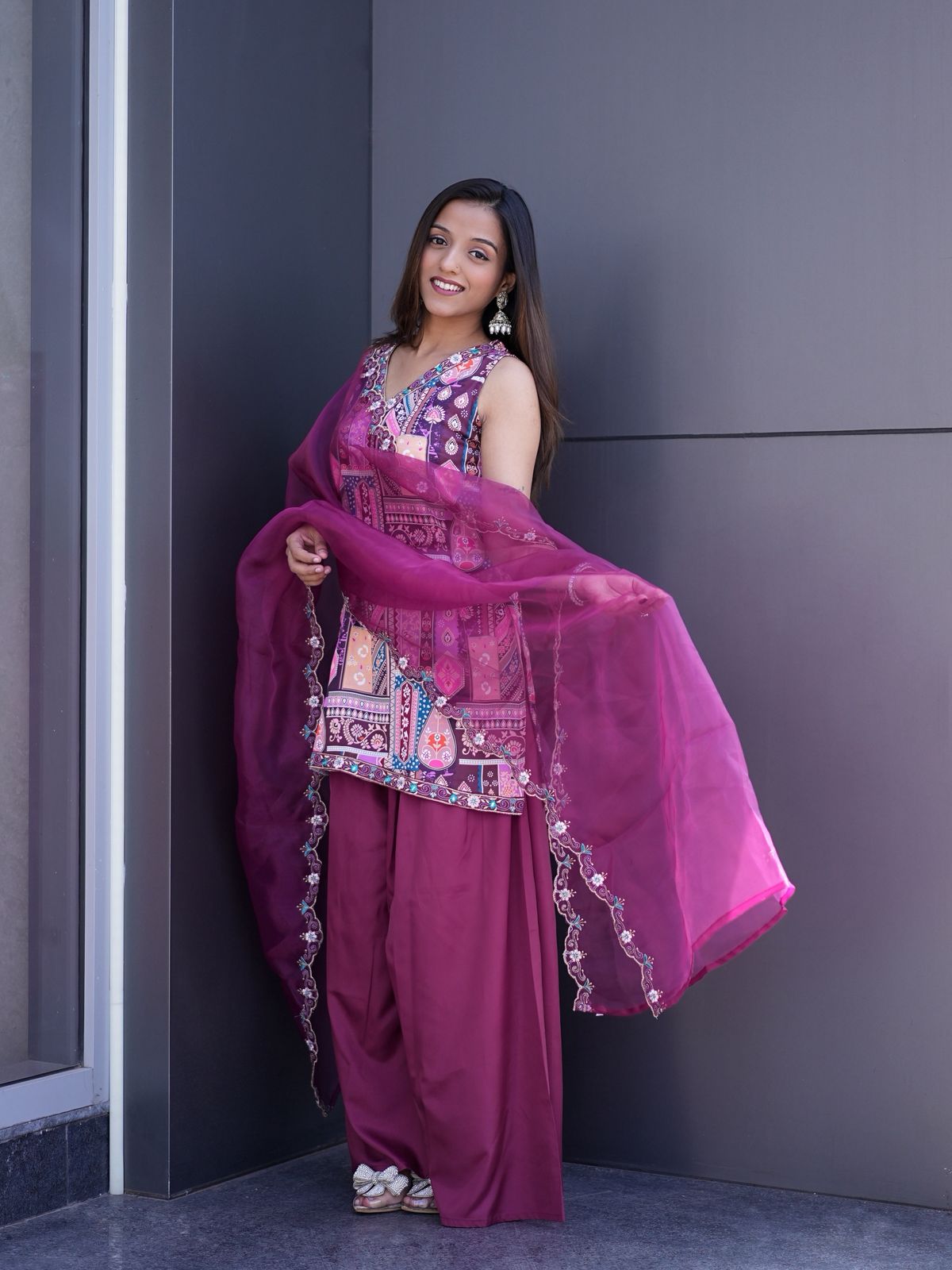 Wine Modal Satin Silk Digital Print With Border Work Dupatta Suit Set