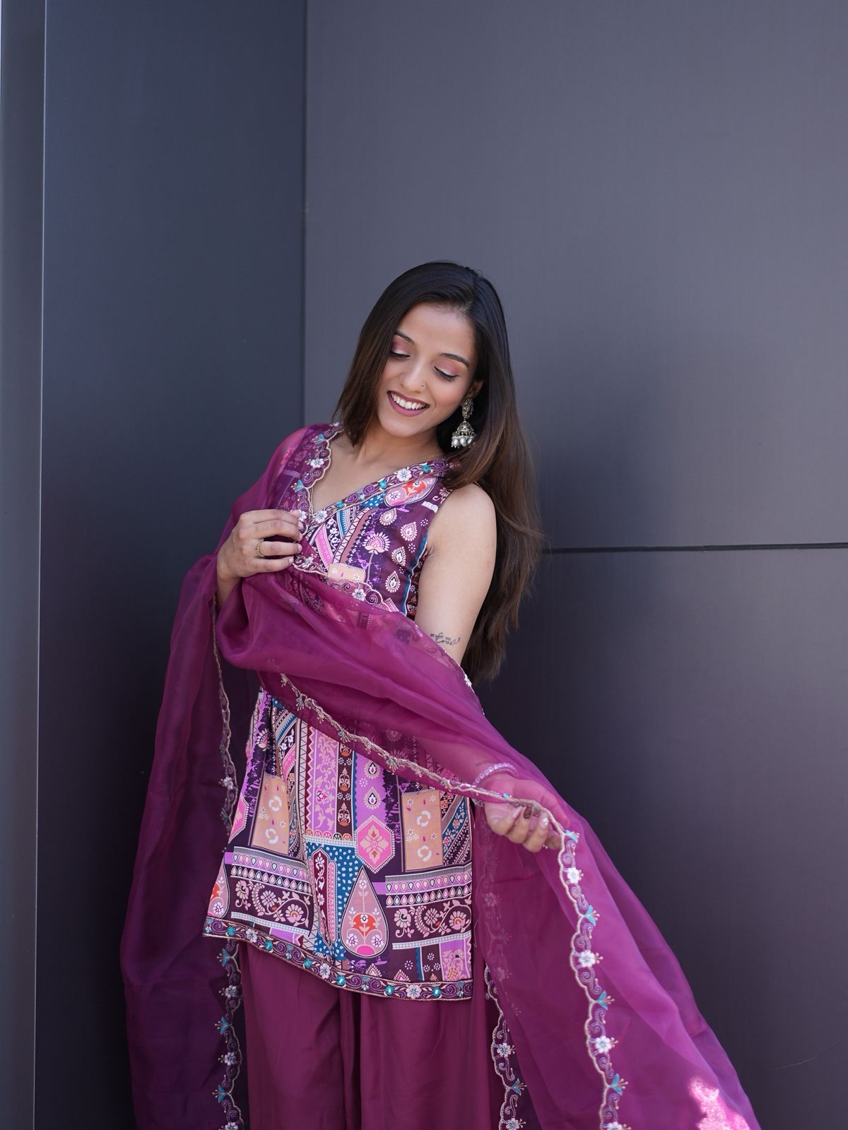 Wine Modal Satin Silk Digital Print With Border Work Dupatta Suit Set