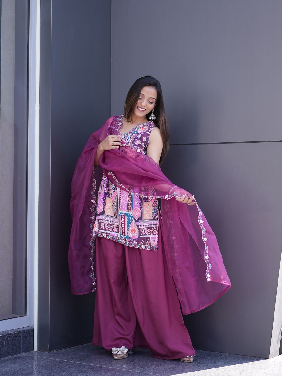 Wine Modal Satin Silk Digital Print With Border Work Dupatta Suit Set