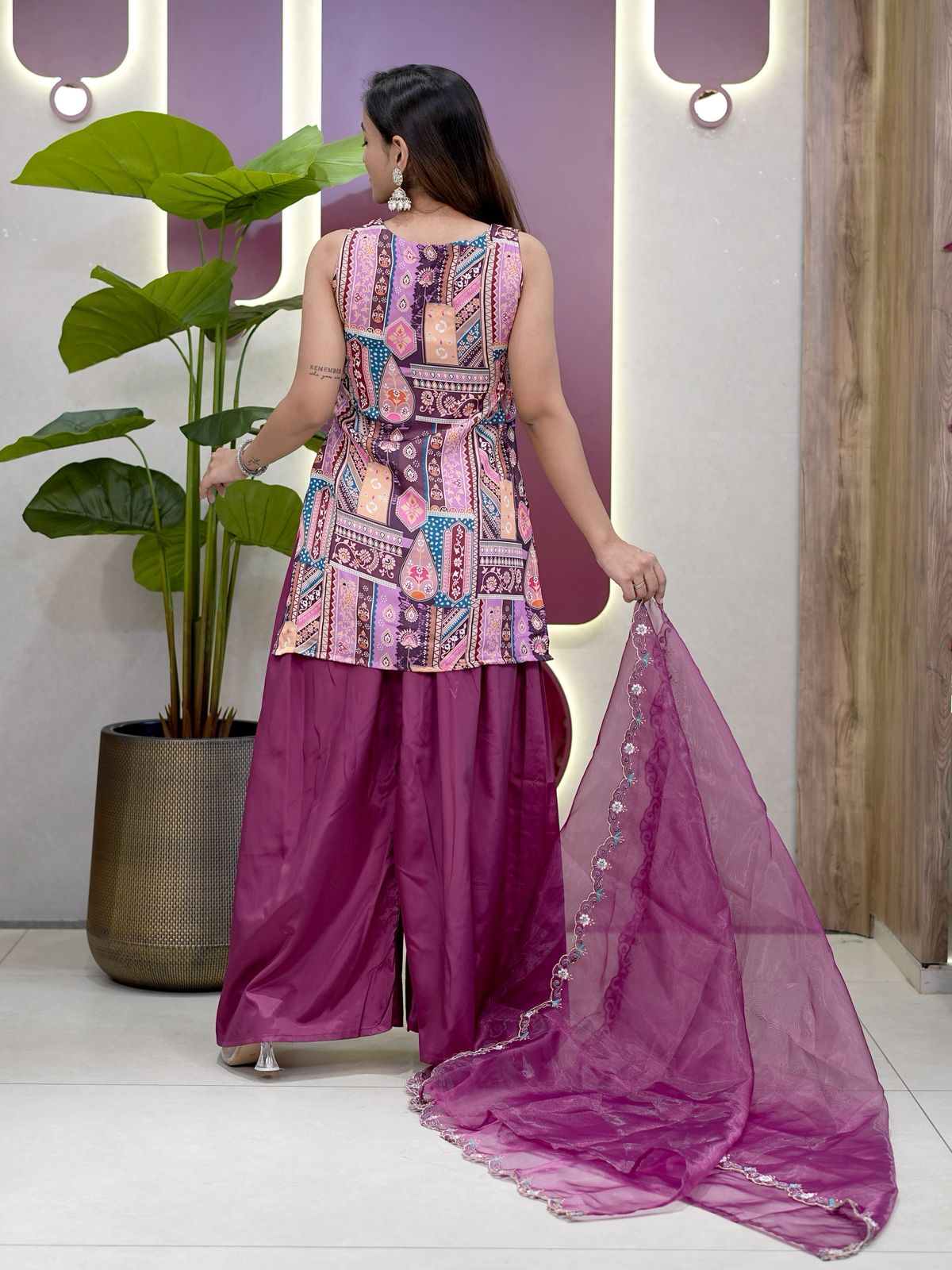 Wine Modal Satin Silk Digital Print With Border Work Dupatta Suit Set