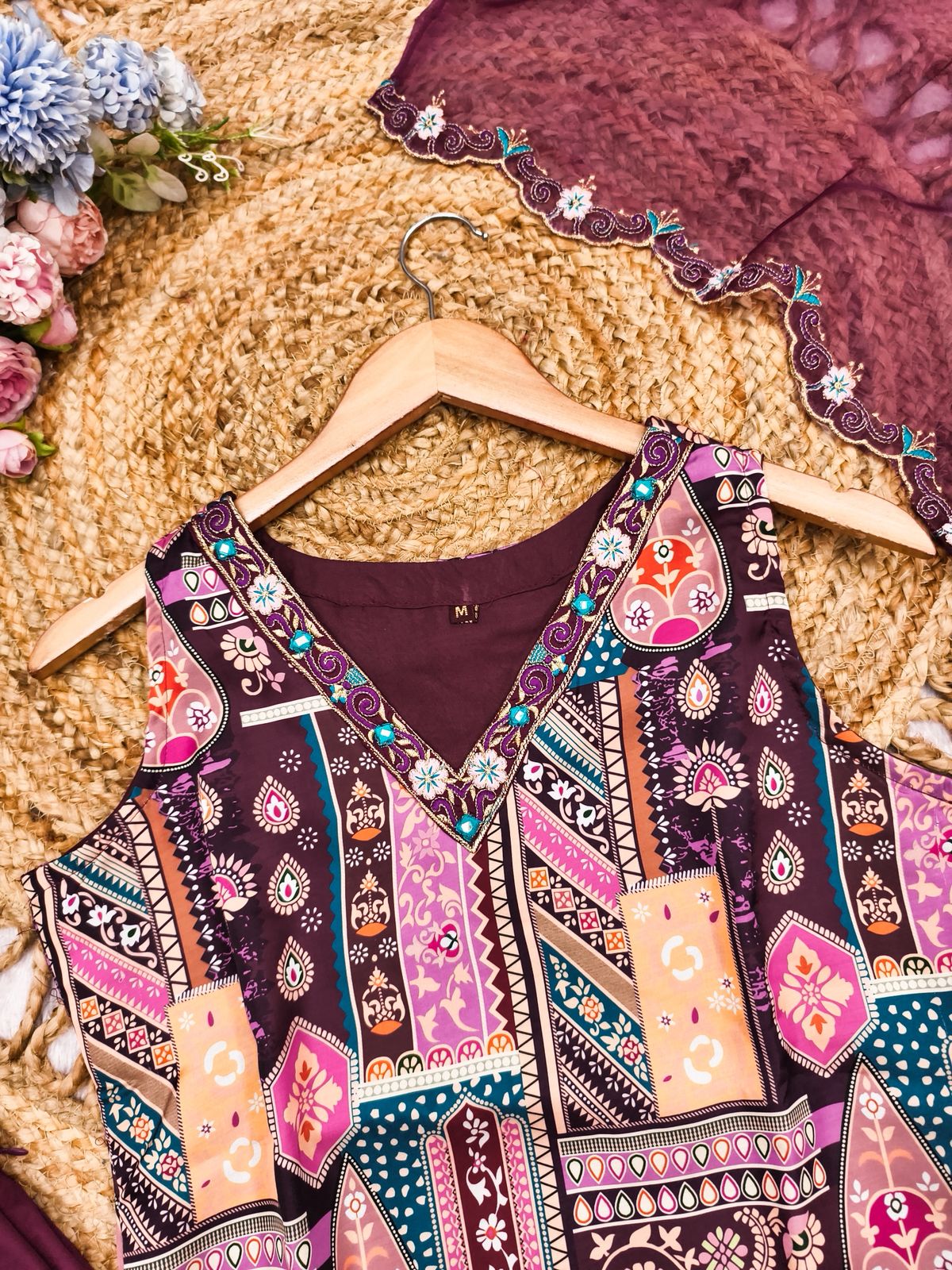 Wine Modal Satin Silk Digital Print With Border Work Dupatta Suit Set