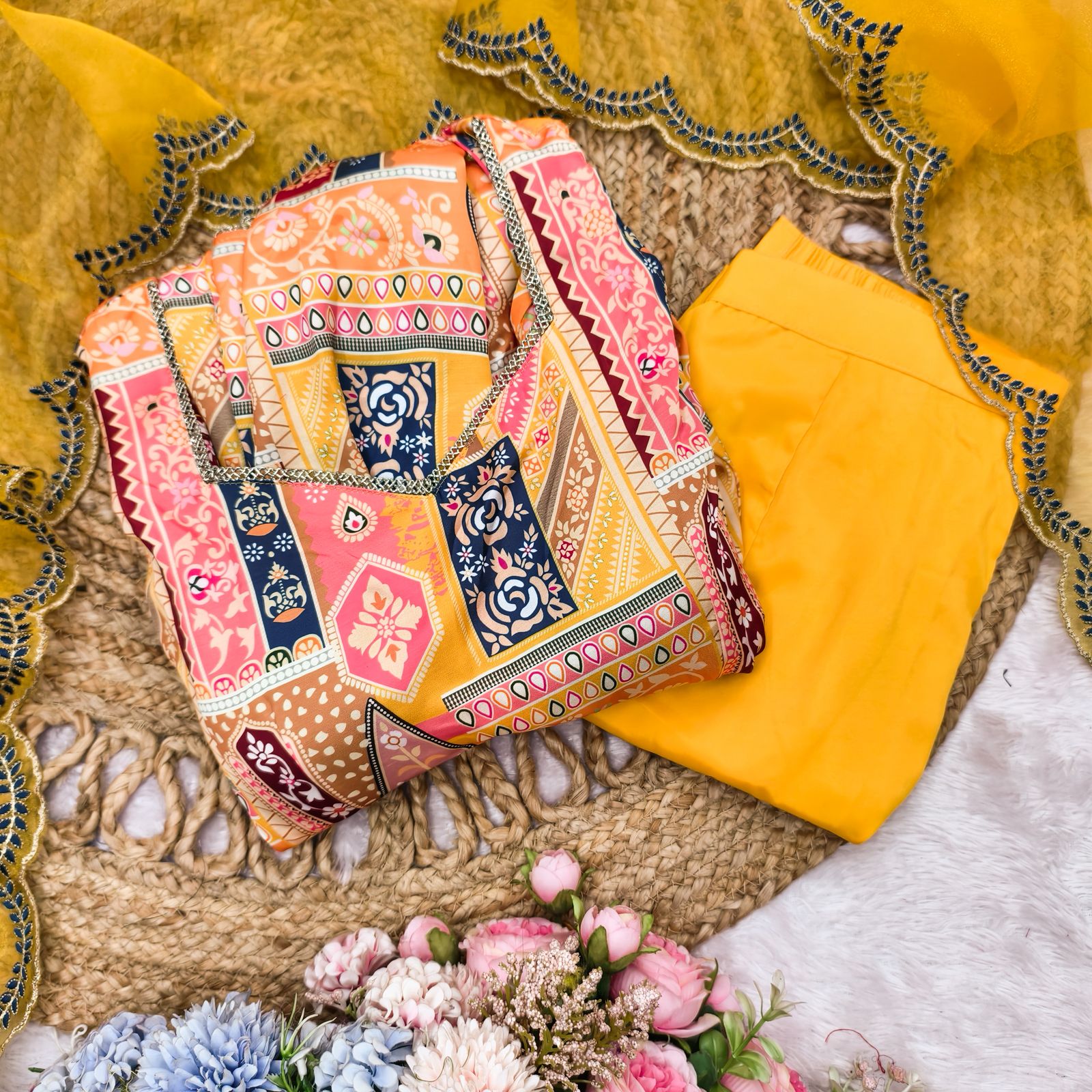 Yellow Modal Satin Silk Digital Print With Border Work Dupatta Suit Set