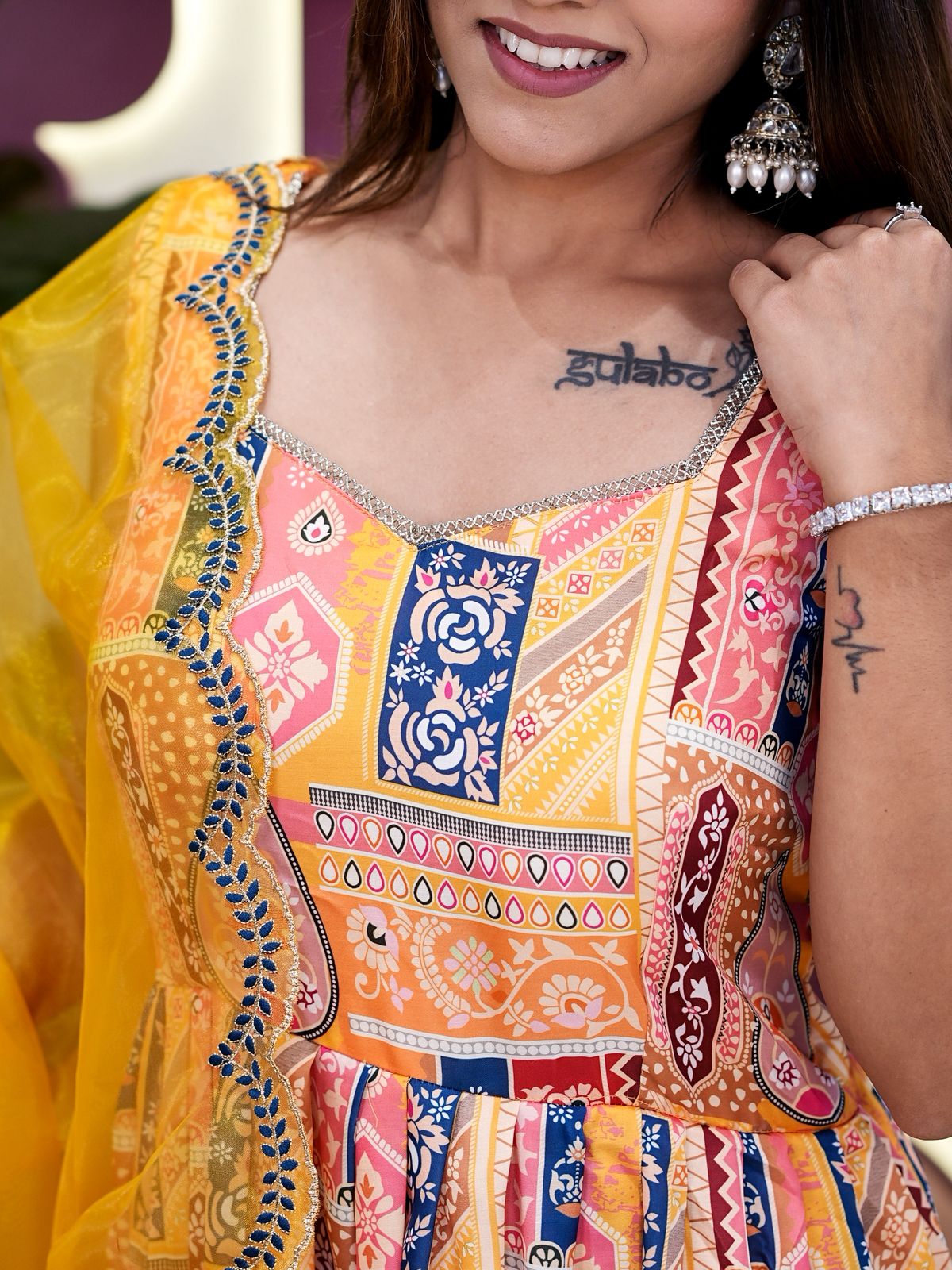 Yellow Modal Satin Silk Digital Print With Border Work Dupatta Suit Set