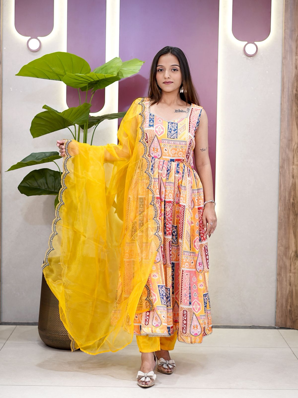 Yellow Modal Satin Silk Digital Print With Border Work Dupatta Suit Set