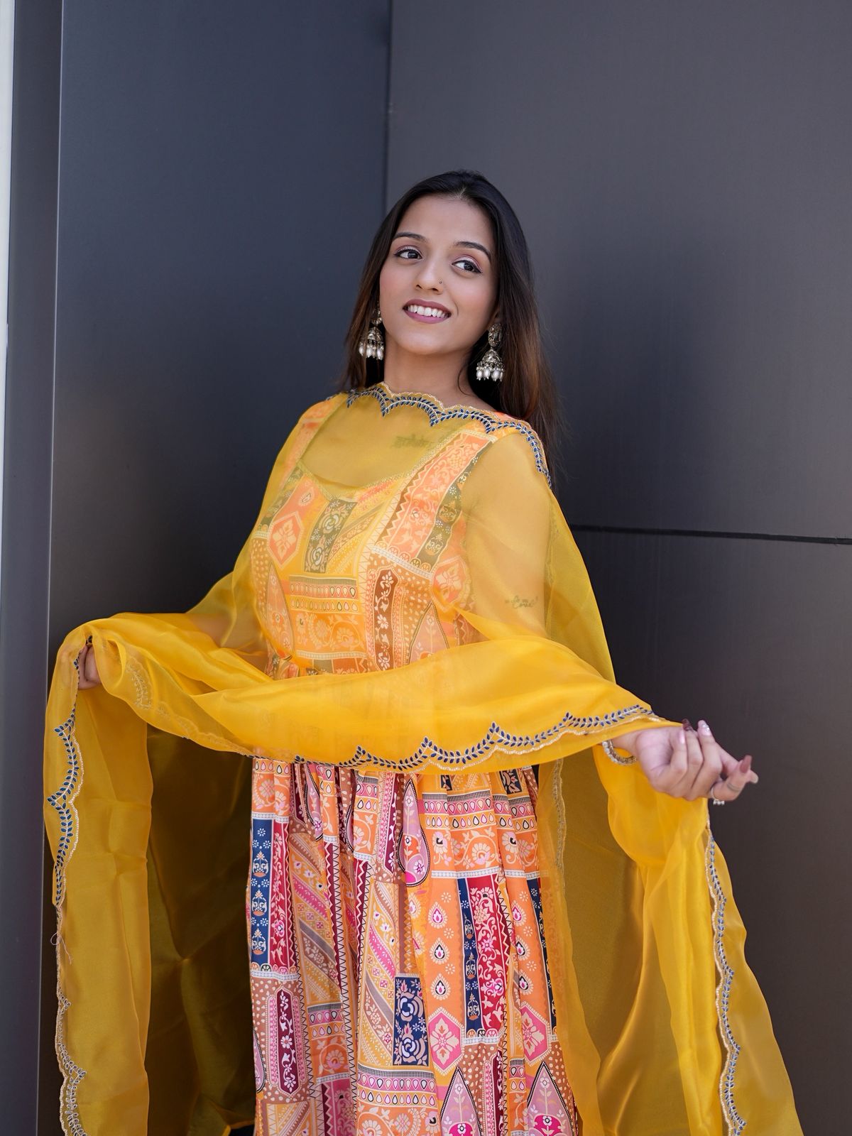 Yellow Modal Satin Silk Digital Print With Border Work Dupatta Suit Set