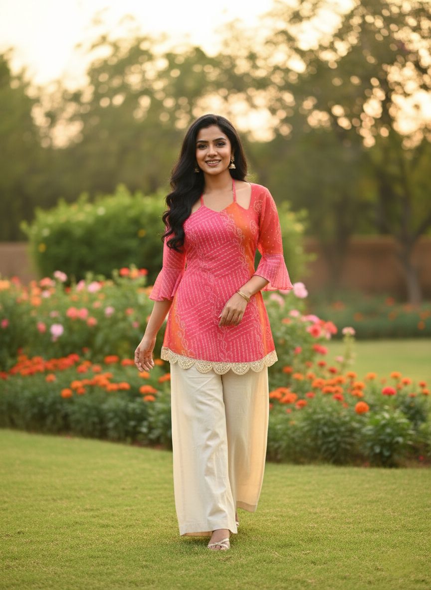 Rani Pink Faux Georgette Bandhej print with embroidery work Kurti