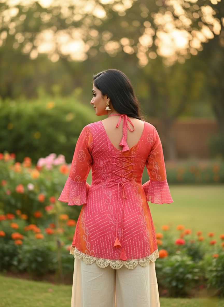 Rani Pink Faux Georgette Bandhej print with embroidery work Kurti