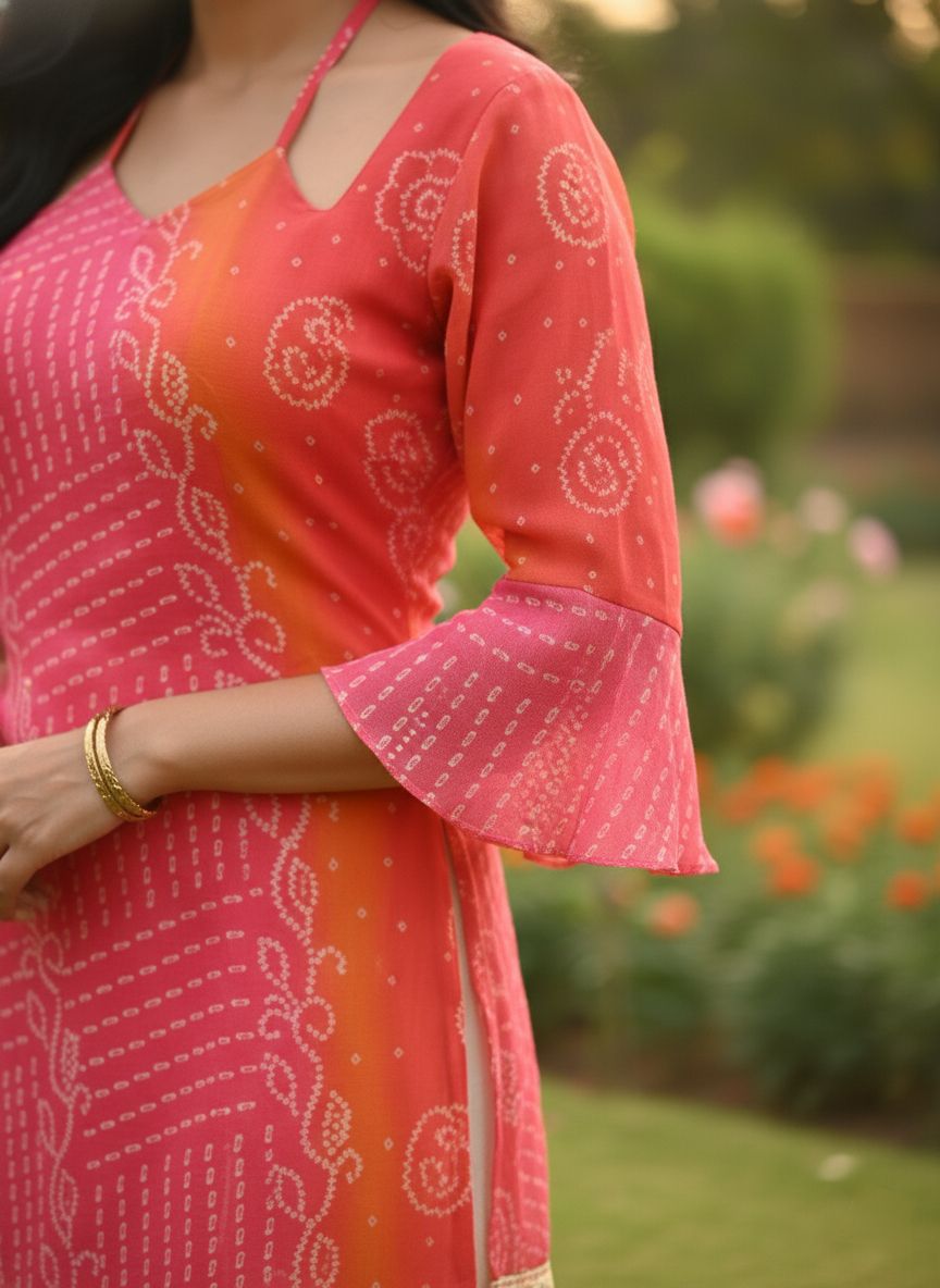 Rani Pink Faux Georgette Bandhej print with embroidery work Kurti