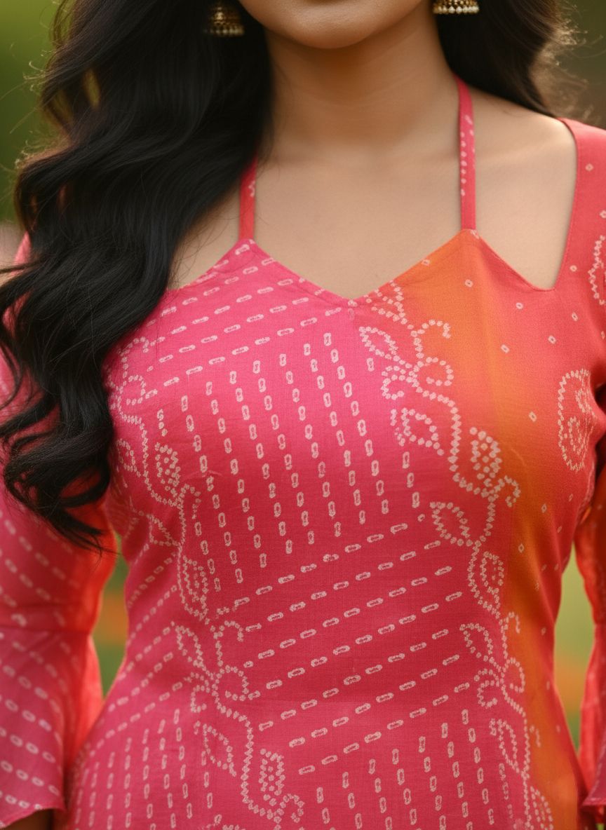 Rani Pink Faux Georgette Bandhej print with embroidery work Kurti