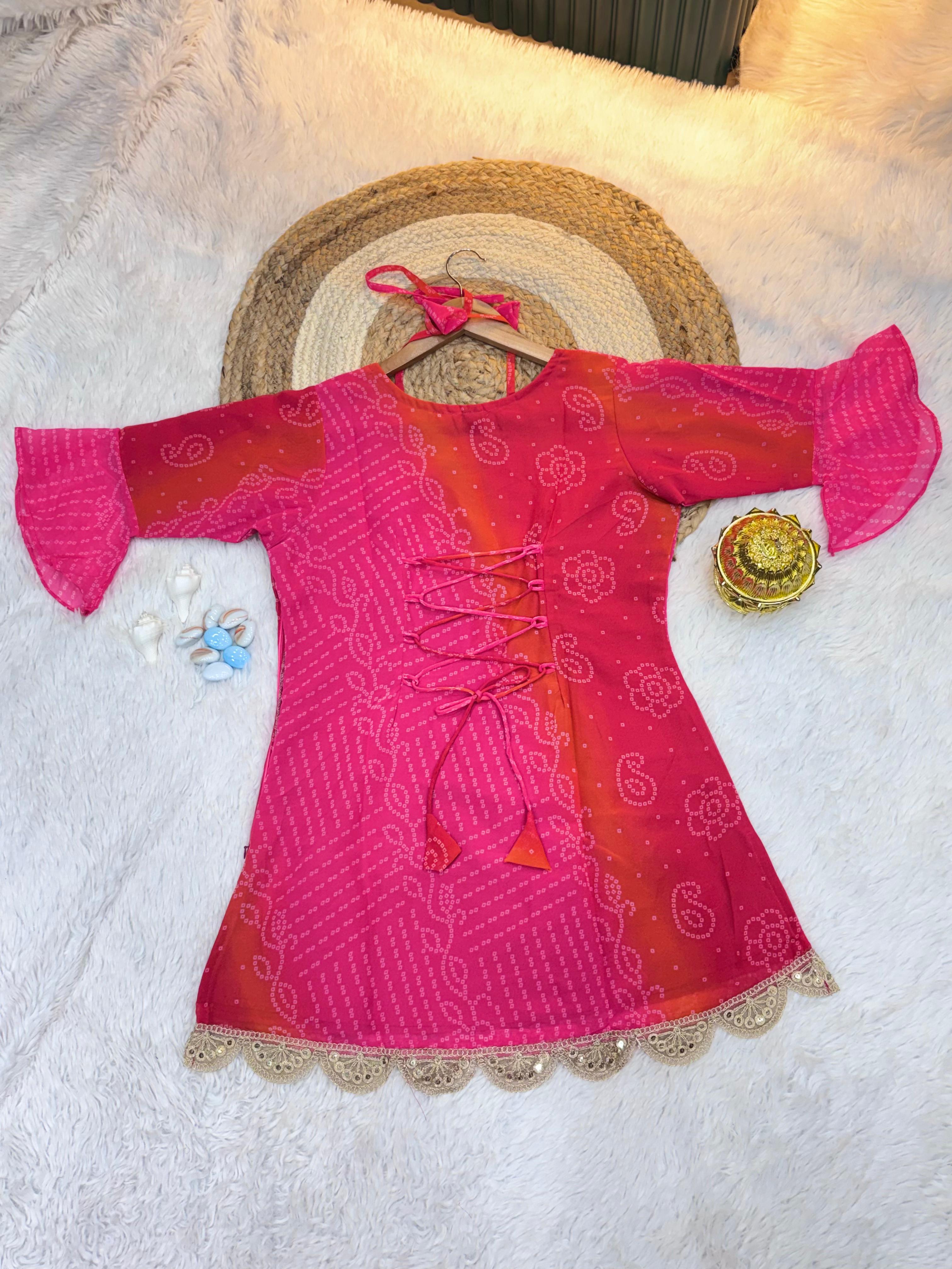 Rani Pink Faux Georgette Bandhej print with embroidery work Kurti