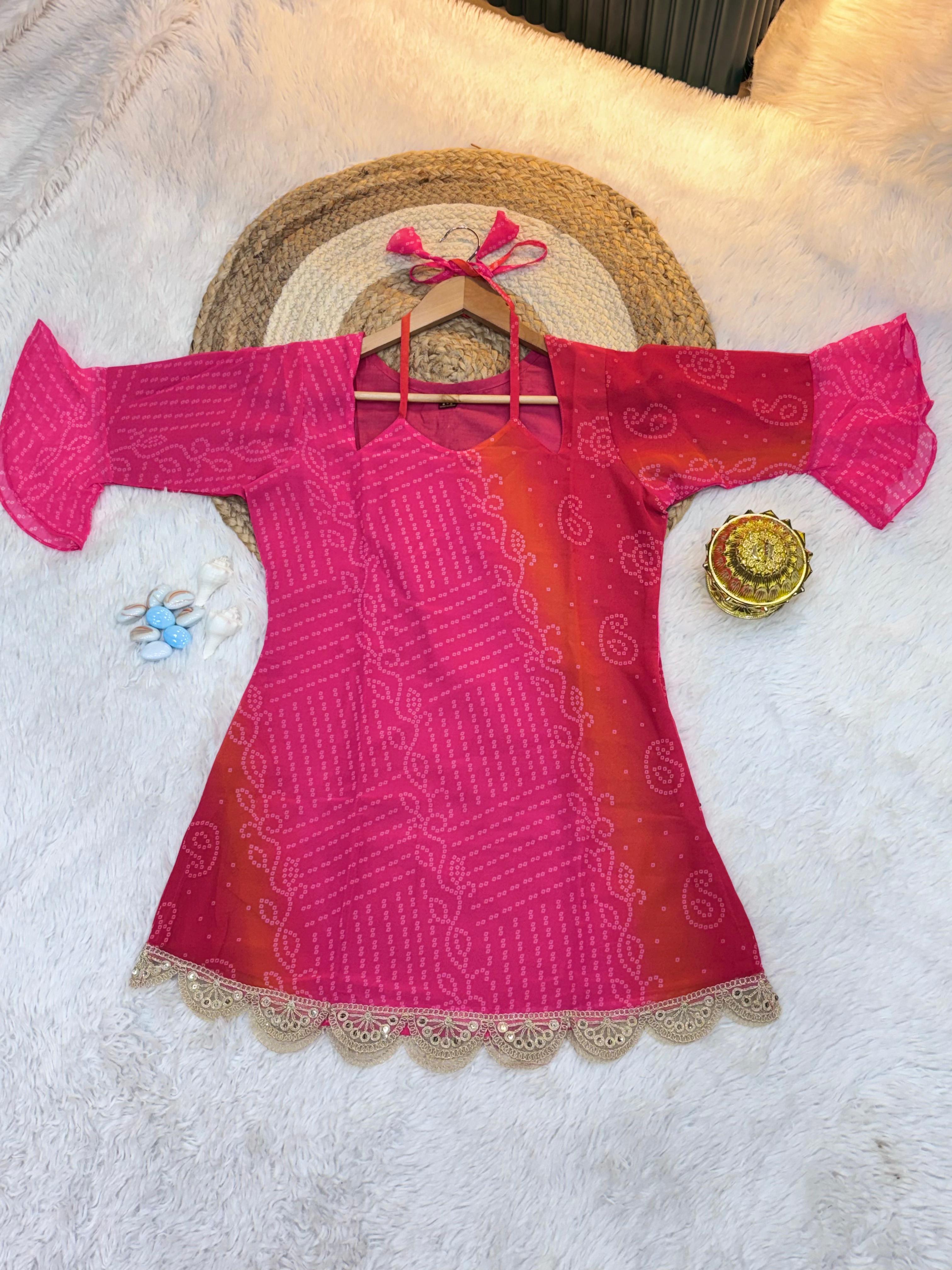 Rani Pink Faux Georgette Bandhej print with embroidery work Kurti