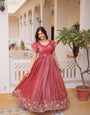 Pink Crunchy Silk  Floral Embroidery Work Gown