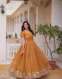 Mustard Crunchy Silk  Floral Embroidery Work Gown
