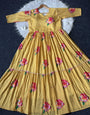 Yellow Soft Maslin Chex With Floral Print Work Gown