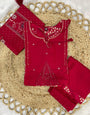 Red Pure Cotton Embroidery Thread With Hand Work Suit Set