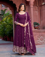 Wine Faux Georgette Thread With Sequnce Gown Set
