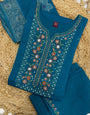 Teal Blue Viscose Mango Silk Embroidery Sequins with Hand Work Suit Set