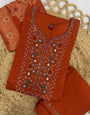 Rust Red Viscose Mango Silk Embroidery Sequins with Hand Work Suit Set